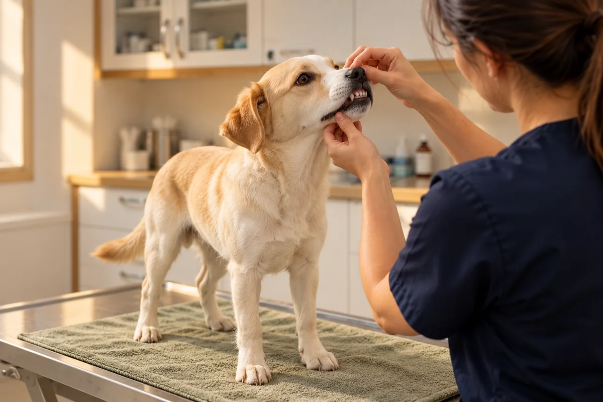 Muayene masasındaki köpeğin ağız içini kontrol eden veteriner hekim