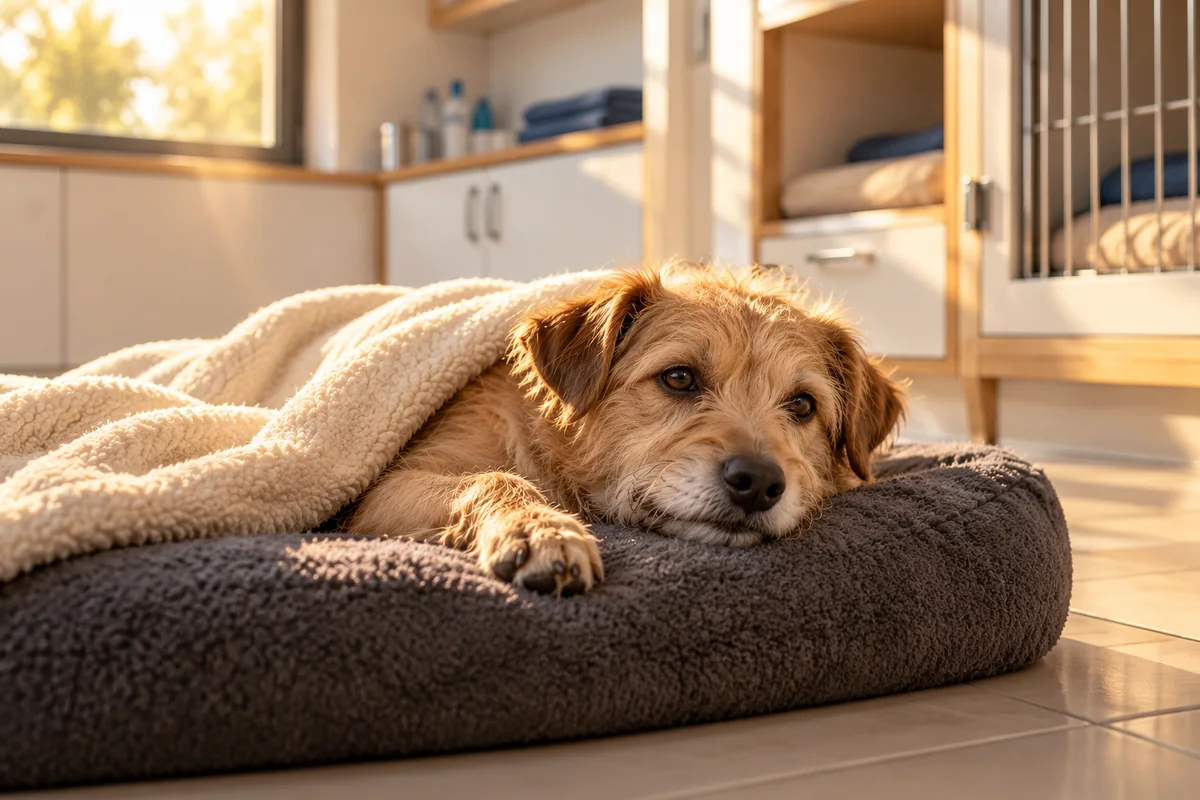 Battaniyenin altında uyanıp dinlenen köpek