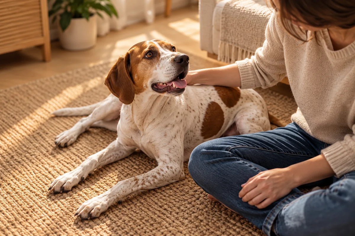 Evde halının üzerinde sahibinin yanında uzanan köpek