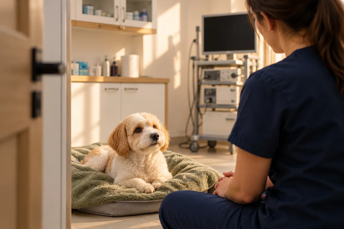 İşlem sonrası yatağında dinlenen köpek ve yanında oturan veteriner hekim