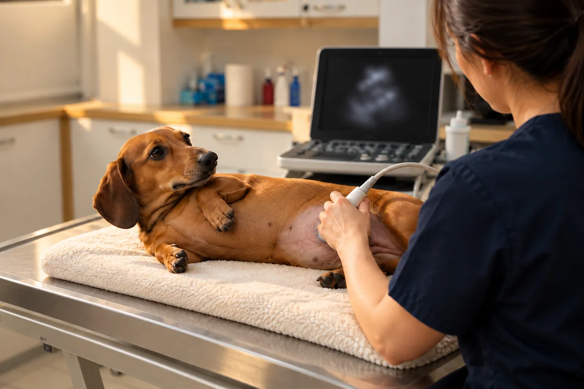Ultrason için yan yatırılmış köpekte prob kullanan veteriner hekim
