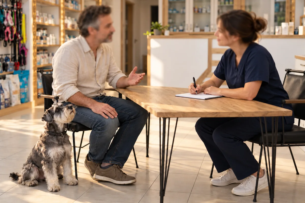 Hayvan sahibini dinleyip not alan veteriner hekim, sahibinin yanında oturan köpek