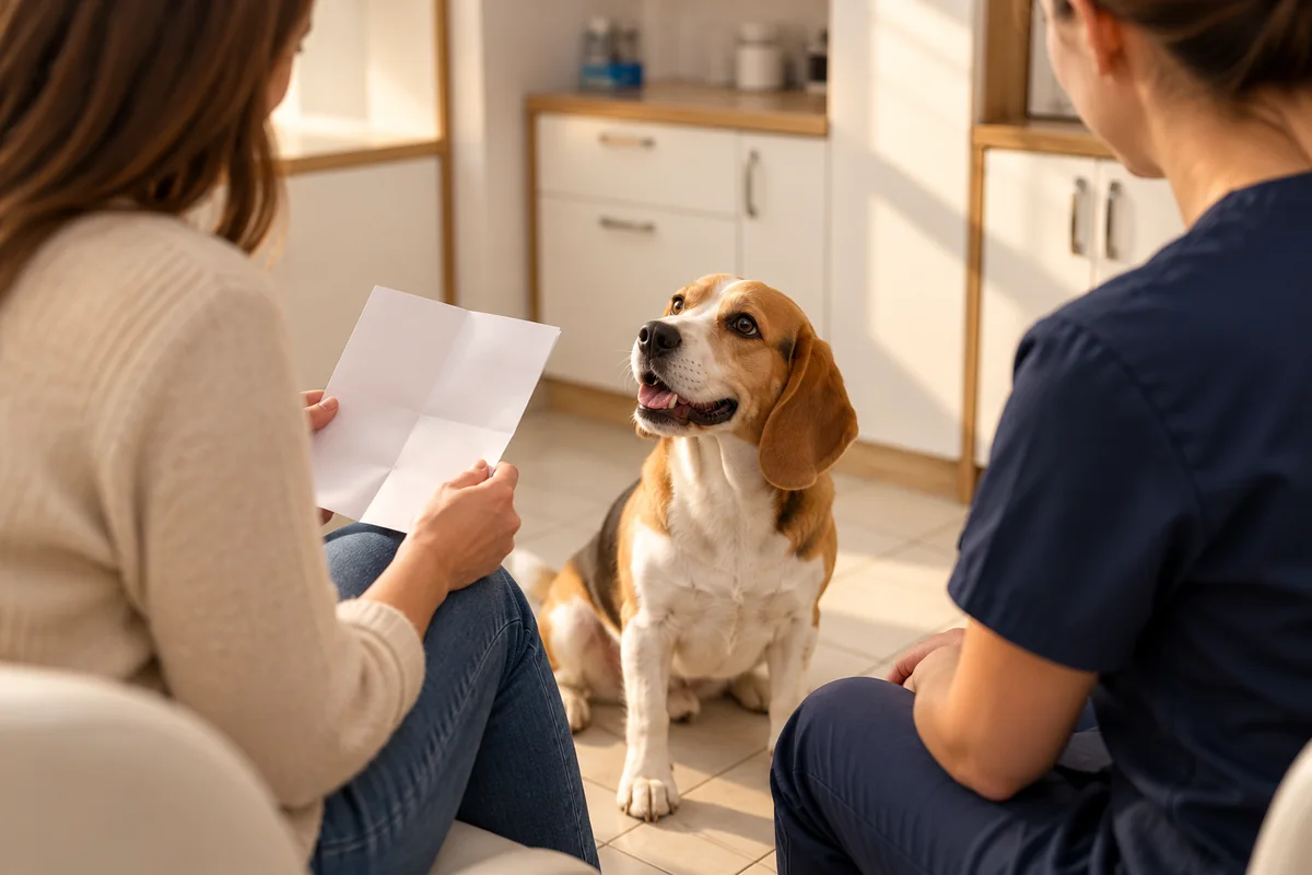 Elindeki raporu okuyan hayvan sahibi, yanında köpeği ve veteriner hekim