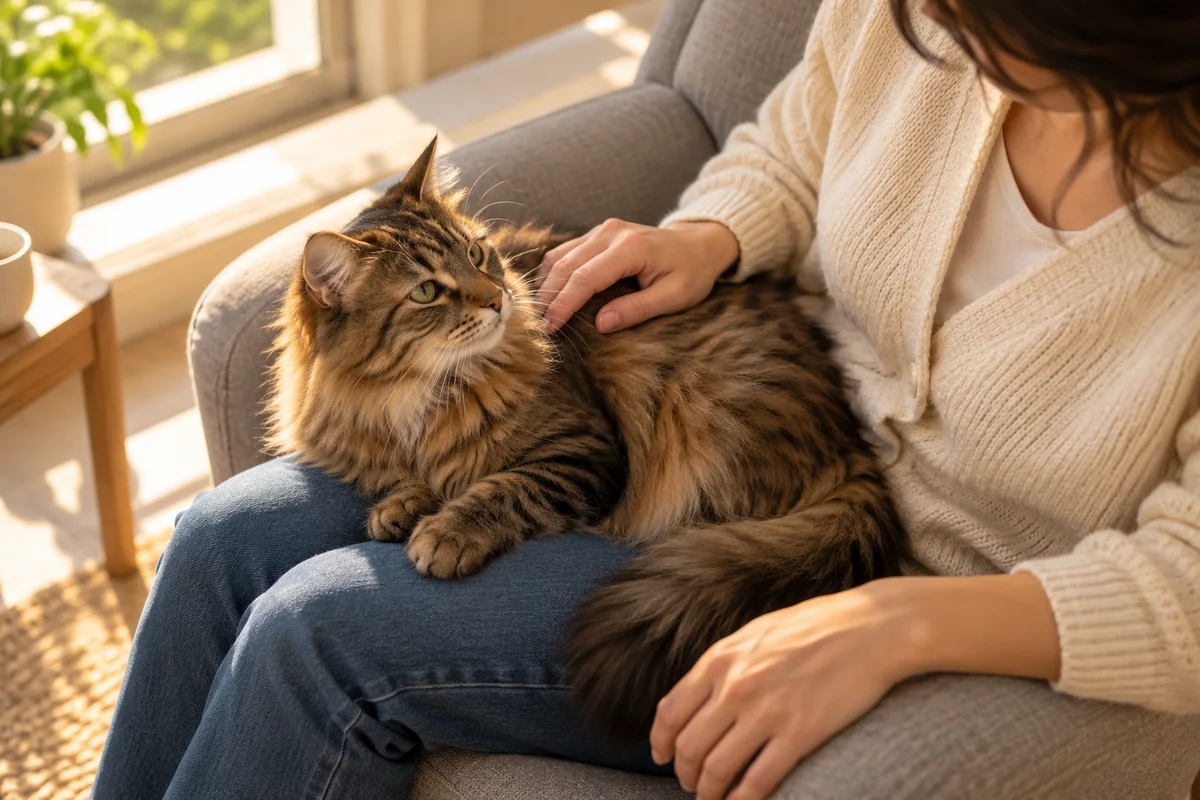 Evde koltukta sahibinin kucağında dinlenen kedi