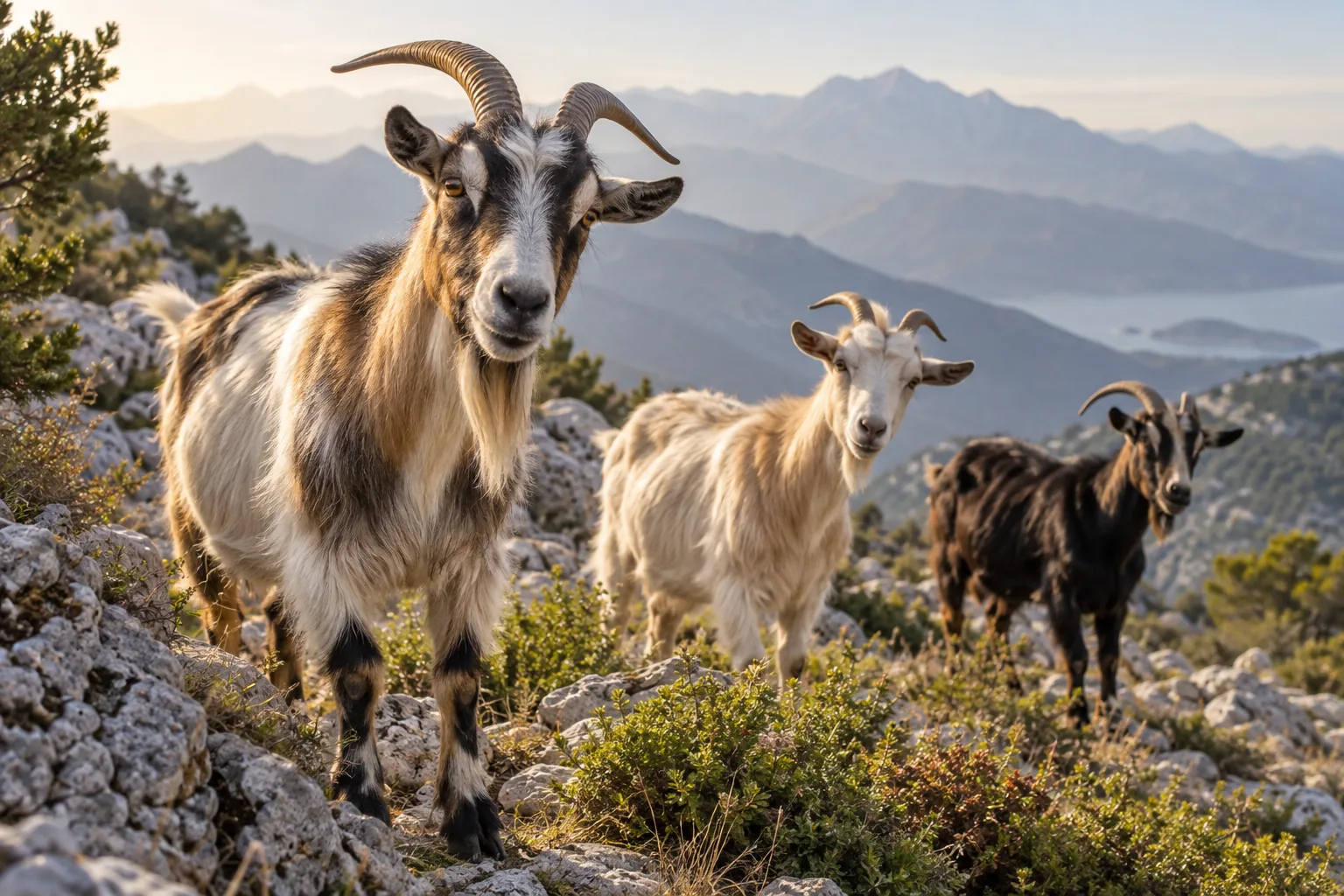 Kayalık yamaçta duran keçiler, arkada Toroslar