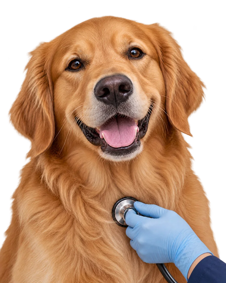 Stetoskopla göğsü dinlenen köpek