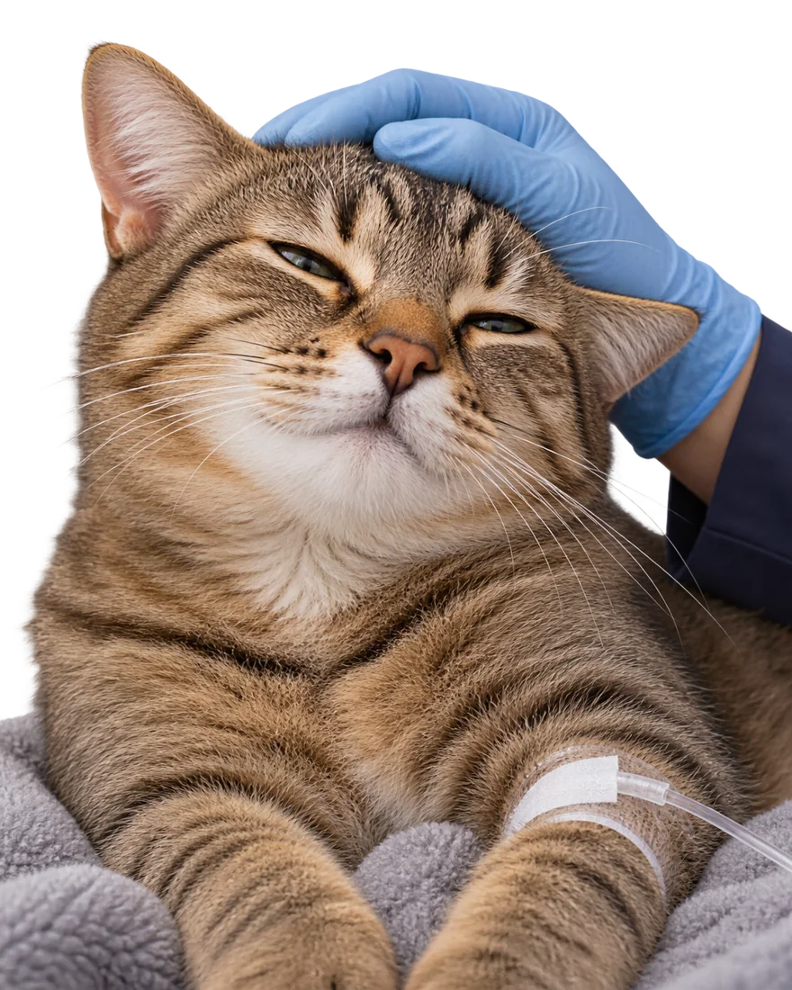 Battaniyede dinlenen, serumu takılı tekir kedi