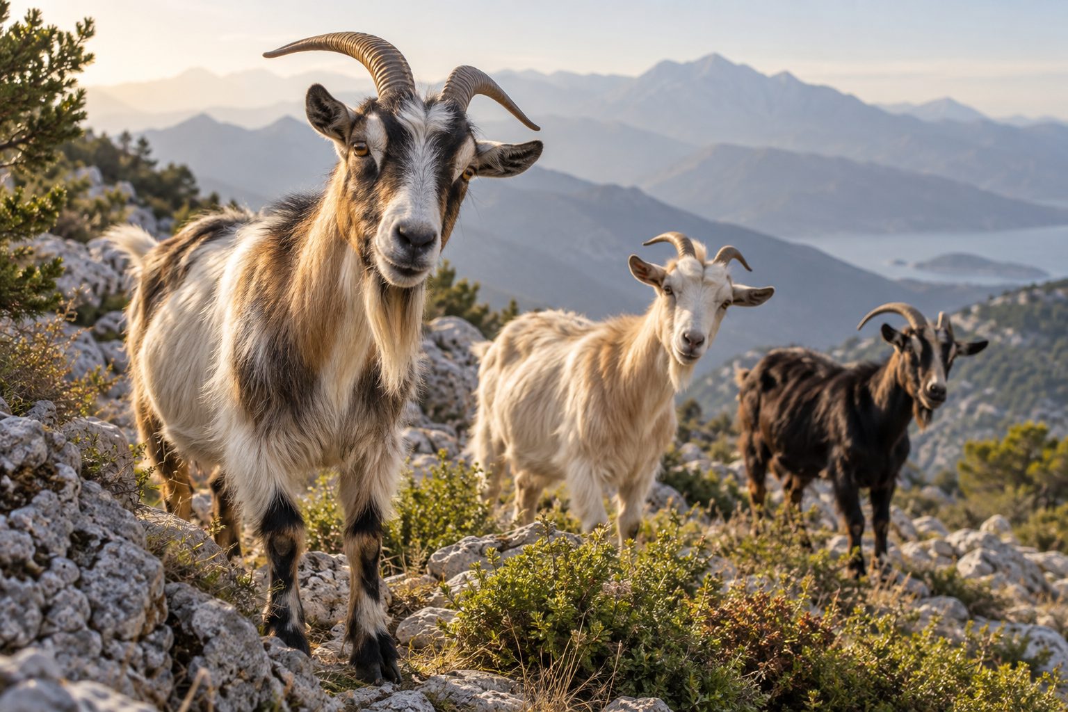 Kayalık yamaçta duran keçiler, arkada Toroslar