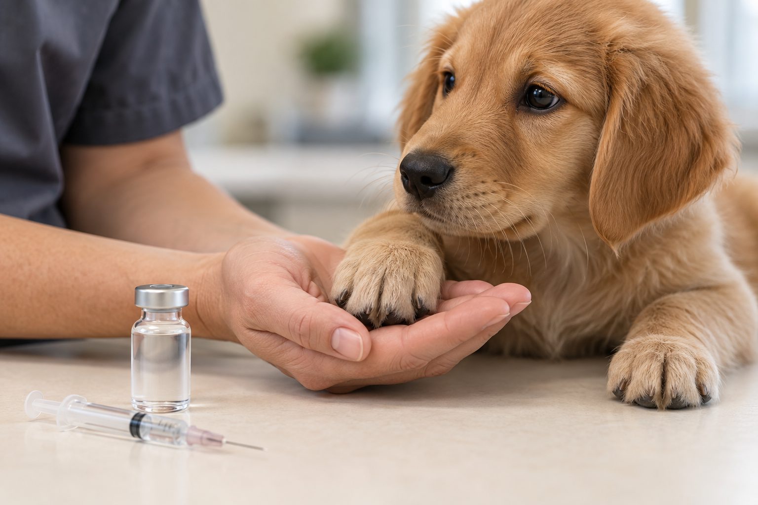 Aşı flakonu ve şırınga, yanında bir yavru köpeğin patisi