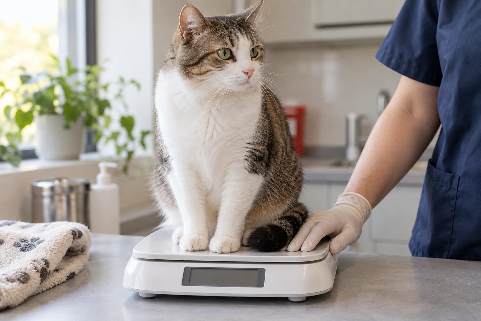 Klinik tezgâhında tartıda oturan sakin bir kedi