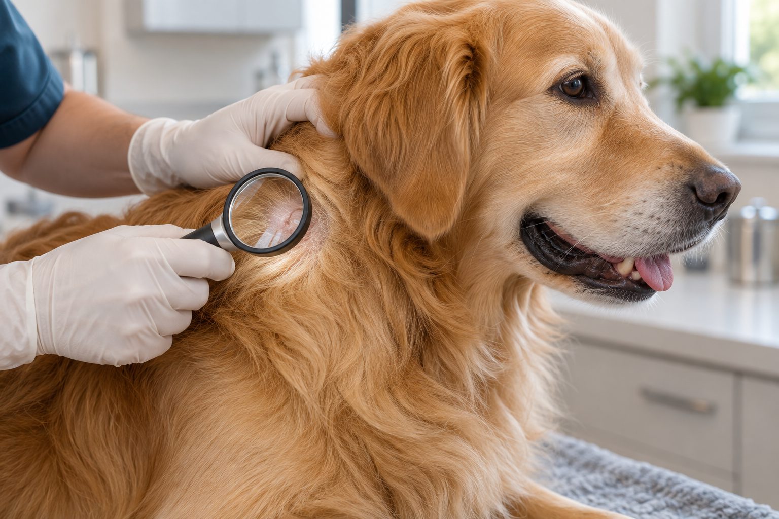 Büyüteçle bir köpeğin derisini inceleyen eldivenli el