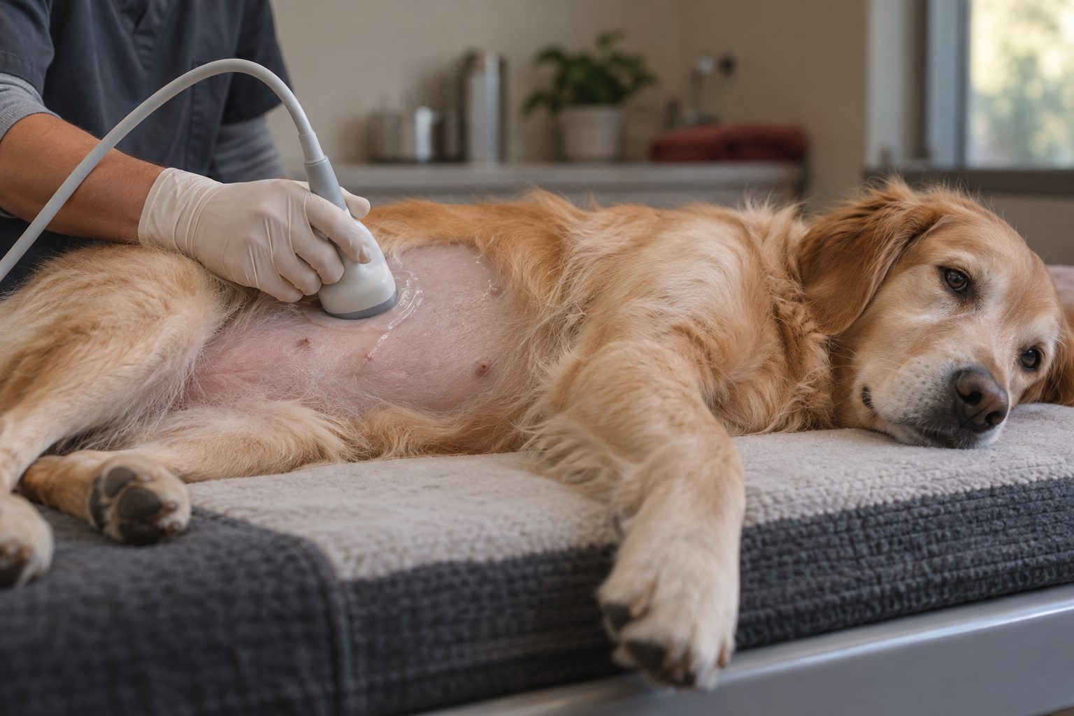 Yan yatan bir köpeğin karnında ultrason probu