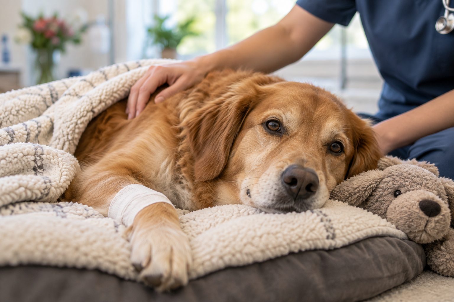 Yoğun bakımda battaniyeye sarılı, patisinde ince bandaj olan iyileşen bir köpek