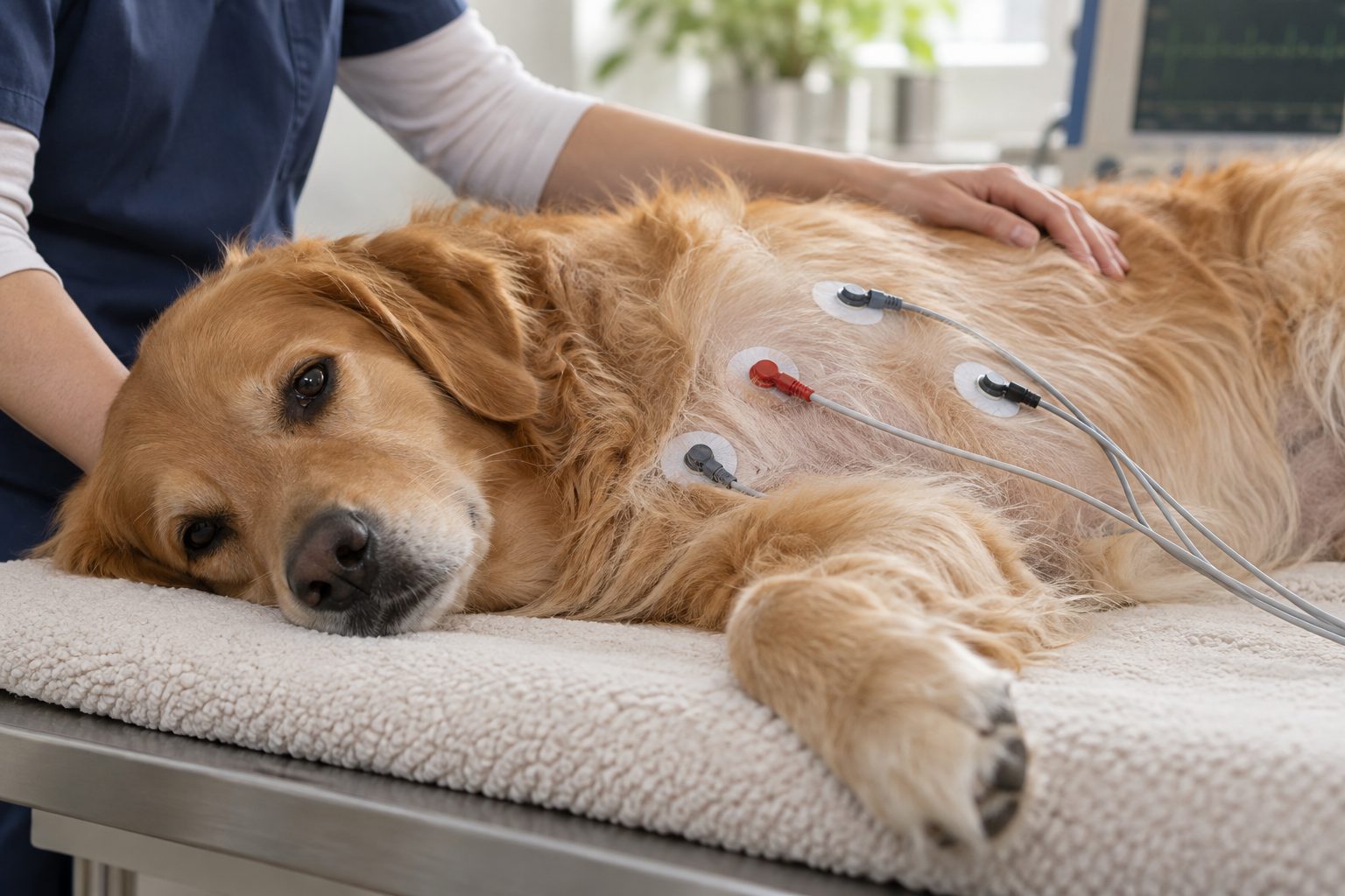 Yatan bir köpeğin göğsüne takılı EKG elektrotları
