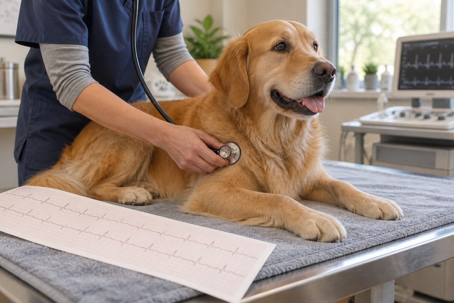 Bir köpeğin göğsünde stetoskop başlığı ve yanında EKG şeridi