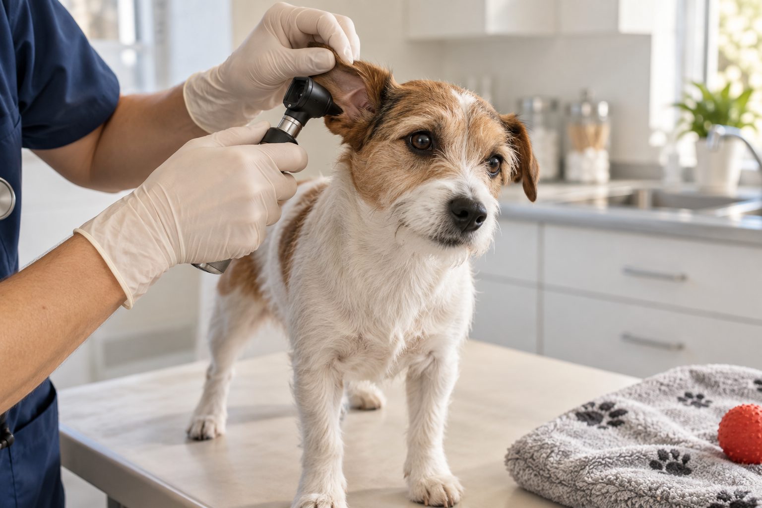 Veteriner hekim otoskopla küçük bir köpeğin kulağını kontrol ediyor