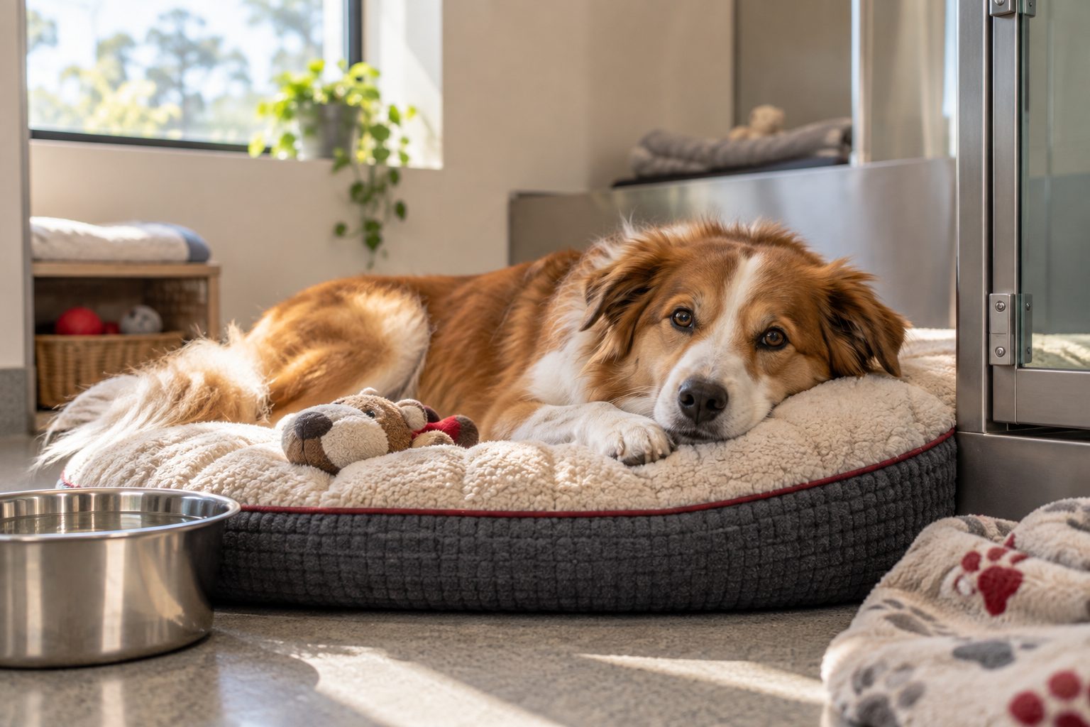 Aydınlık pansiyon odasında yatağında dinlenen bir köpek