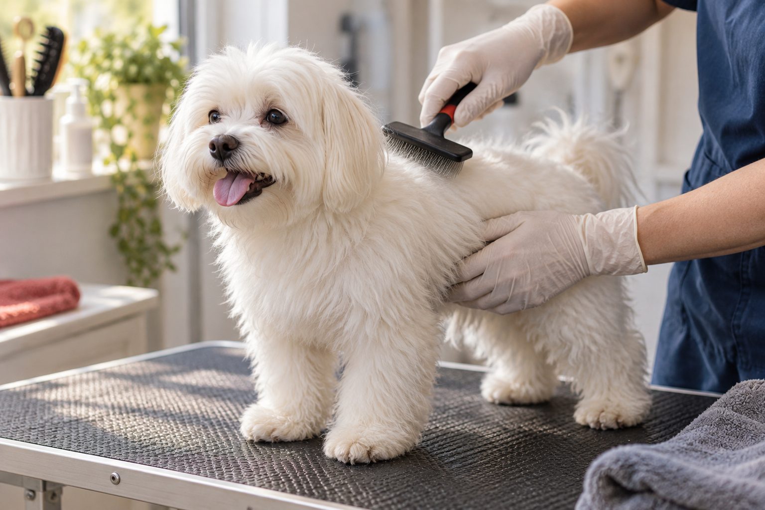 Bakım masasında fırçalanan küçük beyaz bir köpek