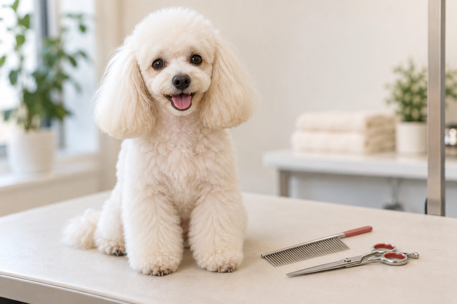 Yeni tıraş edilmiş, bakımlı küçük bir köpek; yanında tarak ve makas