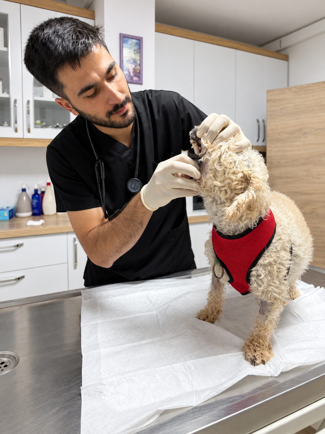 Veteriner hekim muayene masasında küçük bir köpeğin kulağını kontrol ediyor