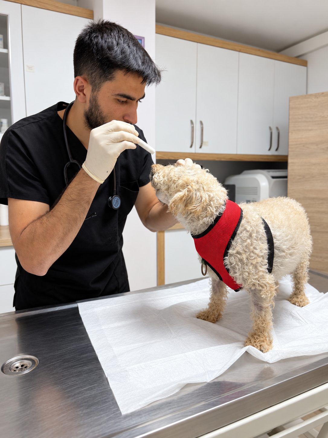 Veteriner hekim küçük bir köpeğin ağzını ve dişlerini kontrol ediyor