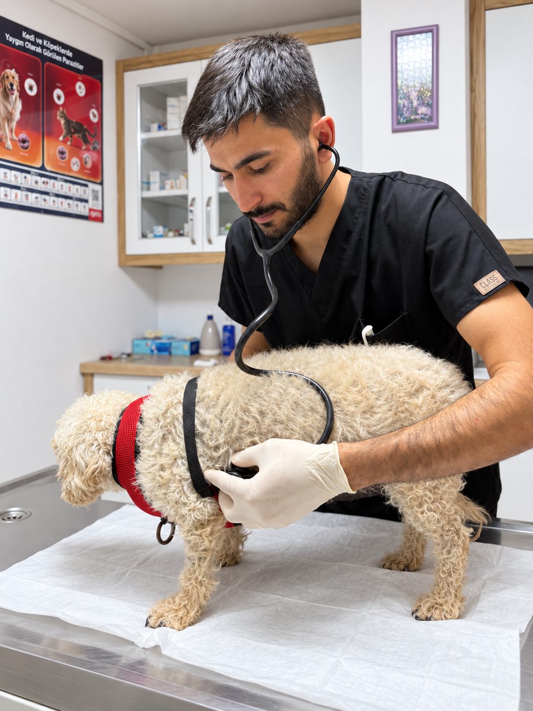 Veteriner hekim stetoskopla küçük bir köpeği dinliyor