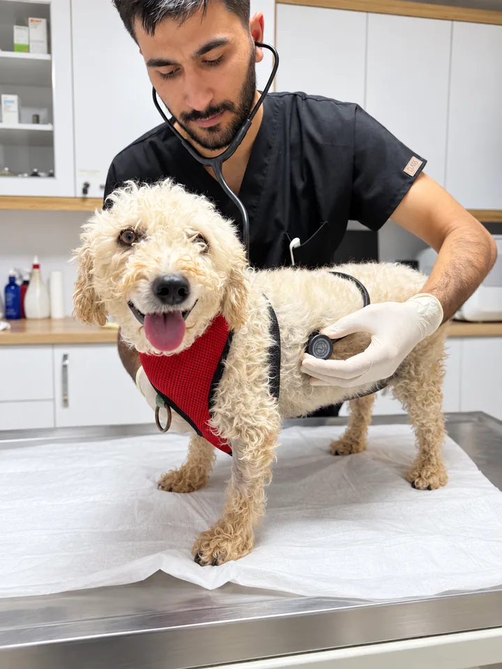 Muayene masasında stetoskopla dinlenen bir köpek