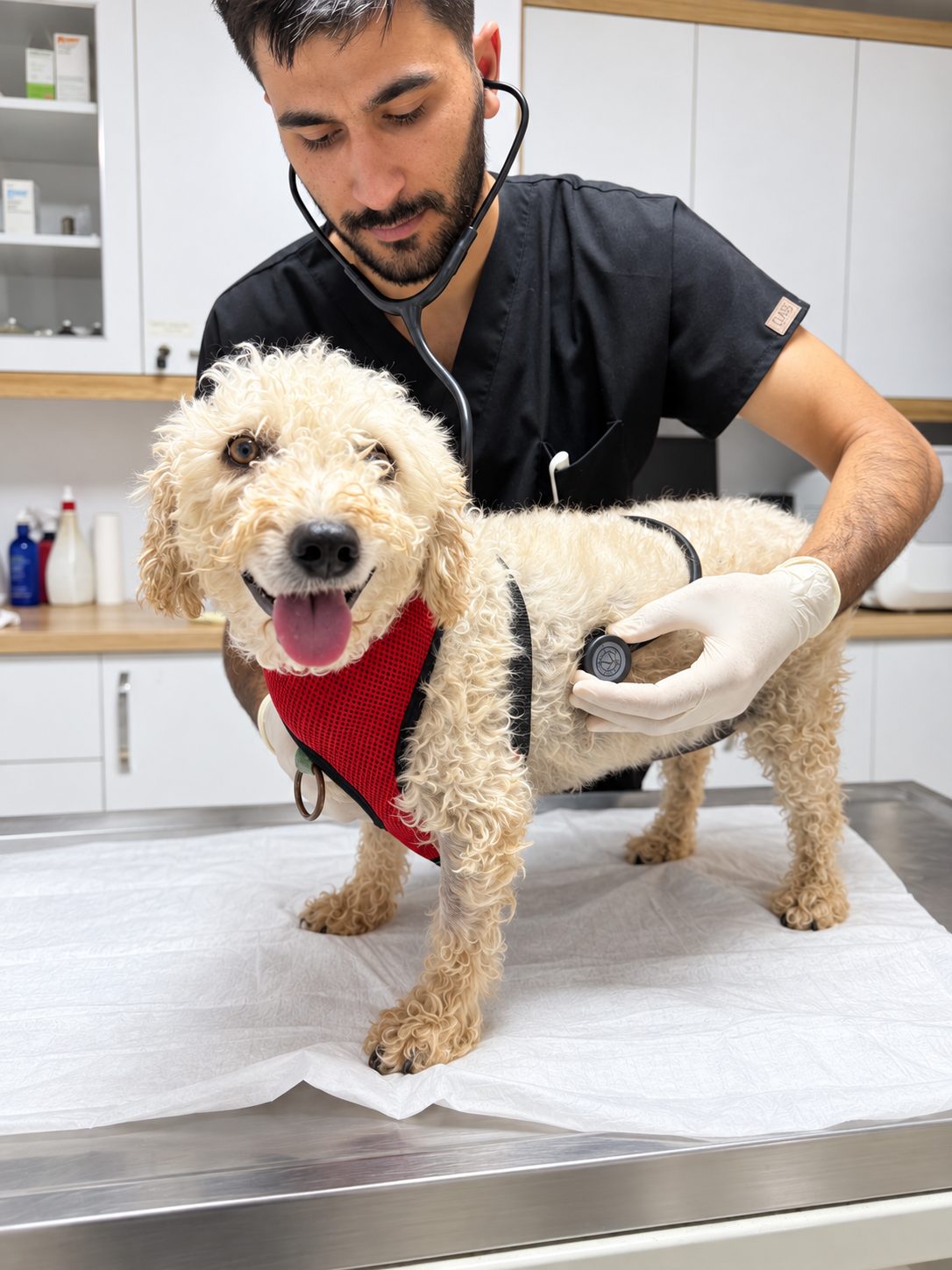 Muayene masasında stetoskopla dinlenen neşeli bir köpek