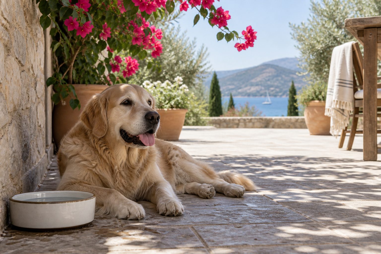 Gölgede su kabının yanında dinlenen bir köpek, güneşli Akdeniz terası