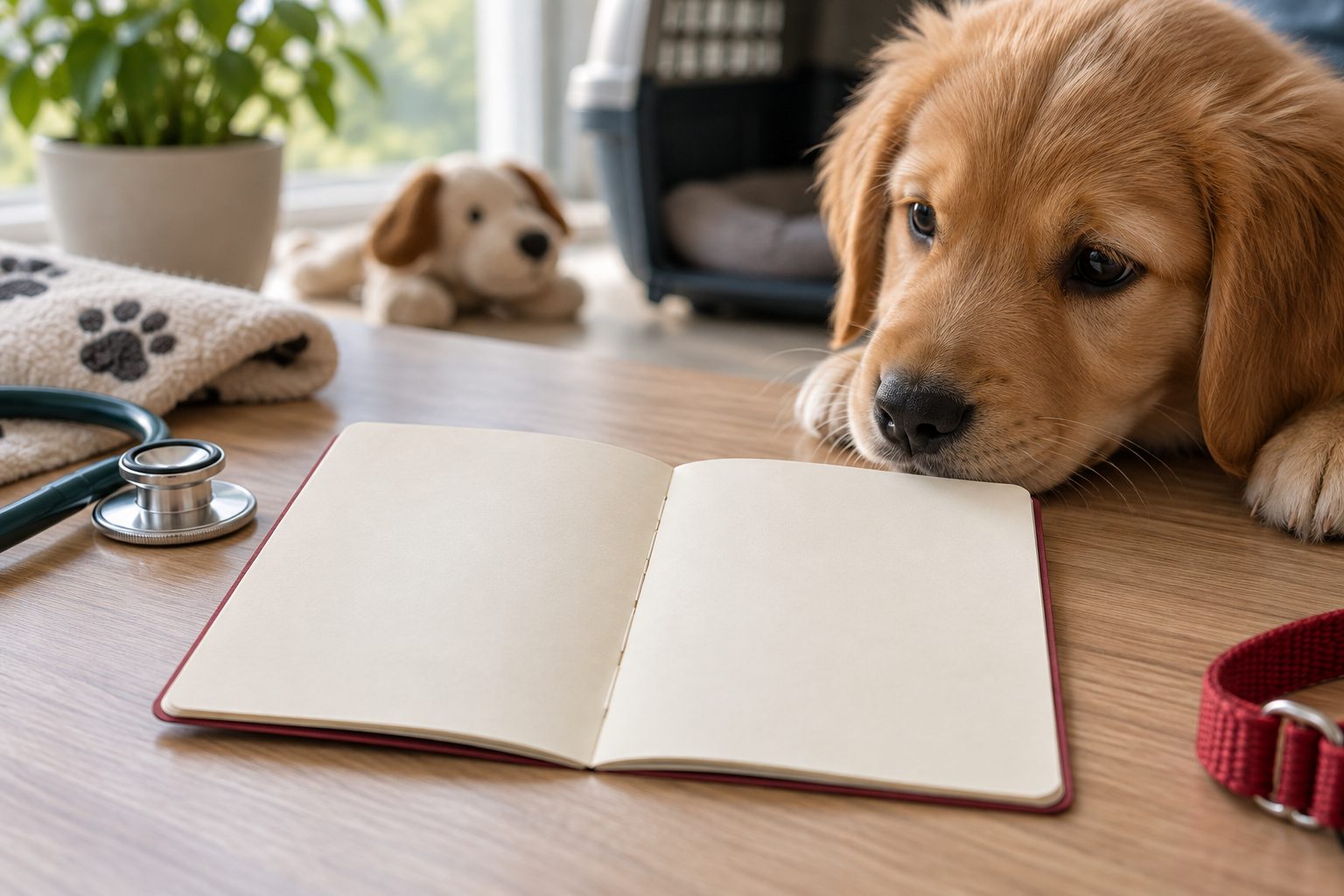 Masada açık duran boş bir defter ve kadraja giren yavru köpek