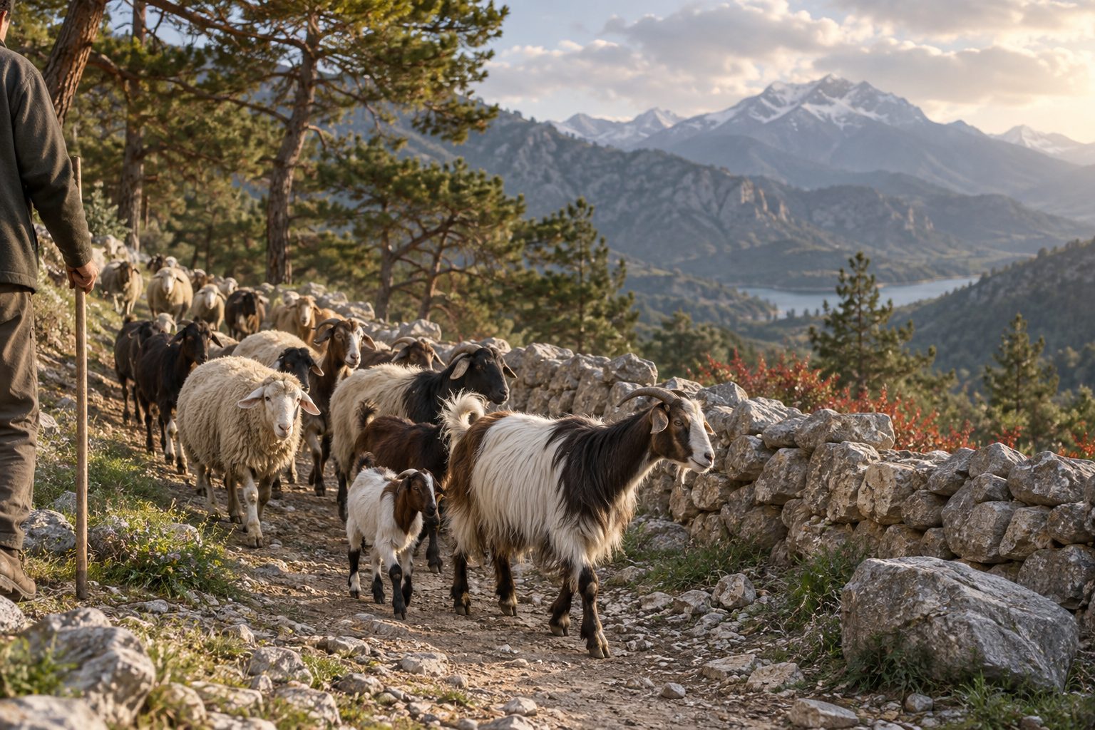 Toros eteklerinde otlayan koyun ve keçiler, bahar ışığı