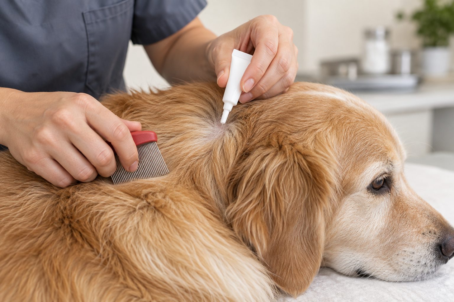 Köpek tüyünde pire tarağı ve damla pipeti
