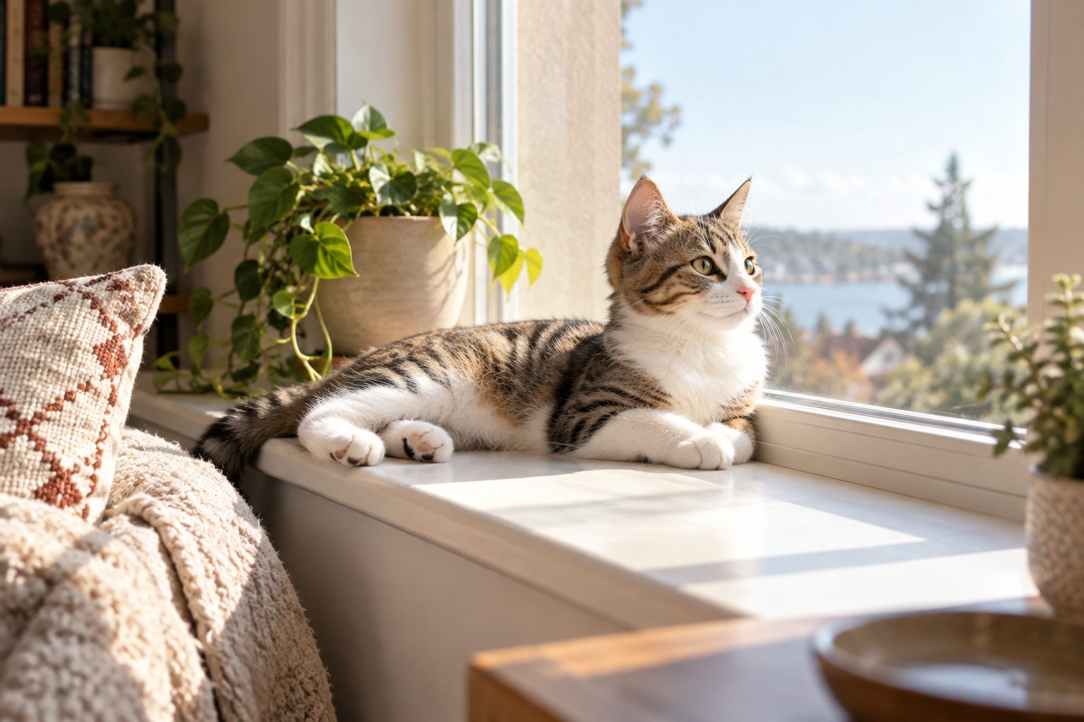 Pencere önünde güneşin altında dinlenen genç bir kedi
