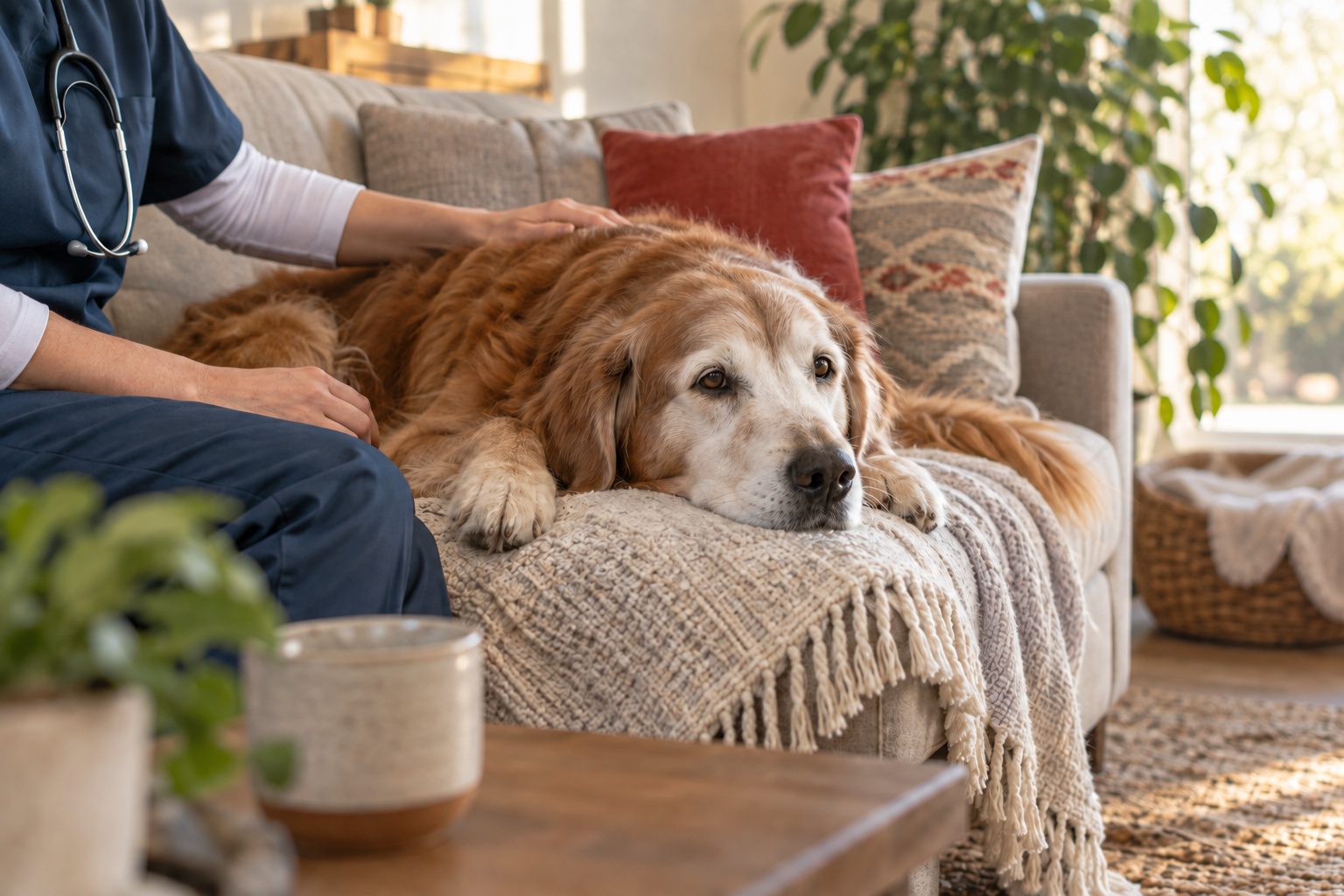 Kanepede dinlenen, ağzı ağarmış yaşlı bir köpek